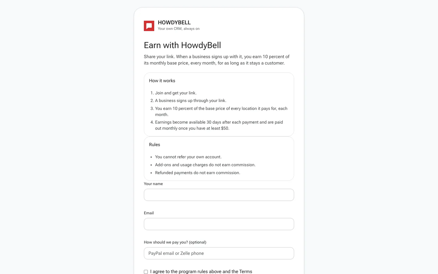 The public join form for the affiliate program