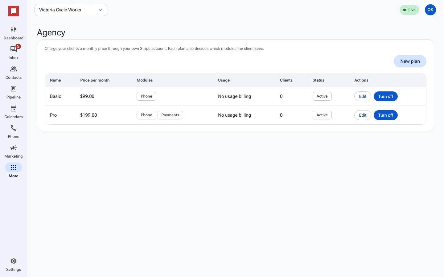 Client plans and billing screen
