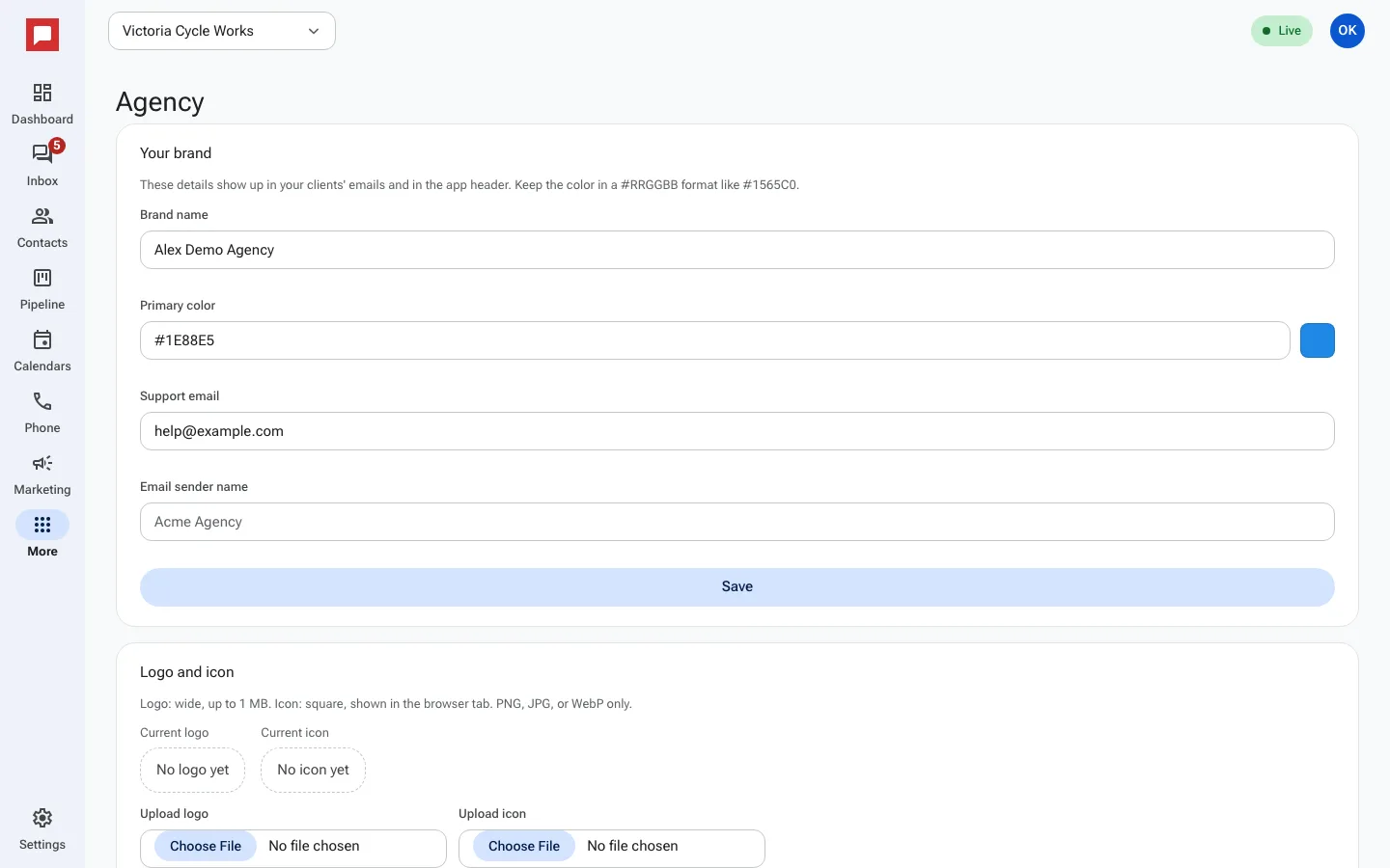 White label branding settings