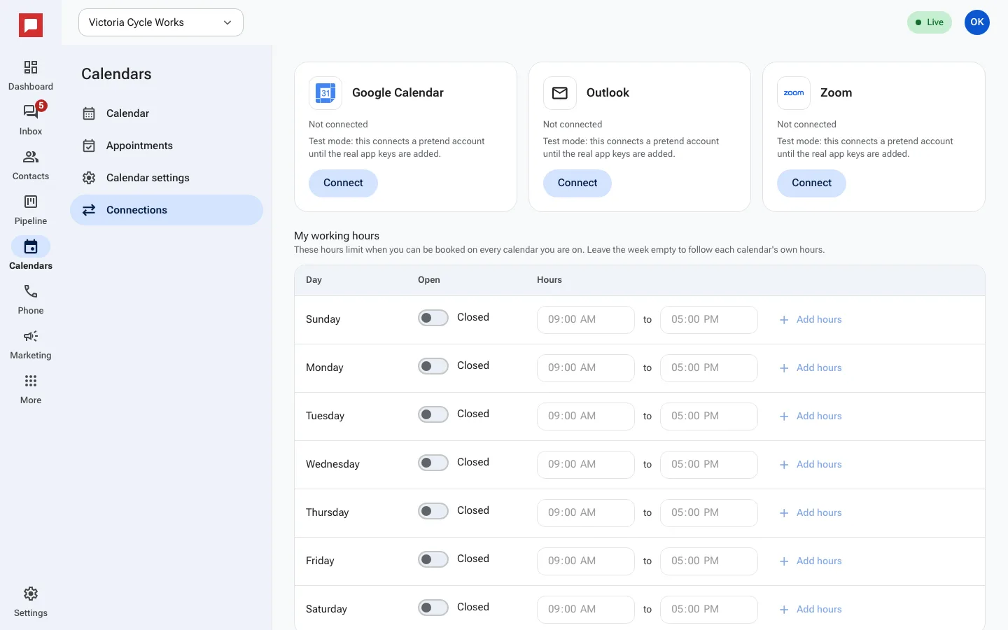 The Connections page with the Google Calendar, Outlook and Zoom cards