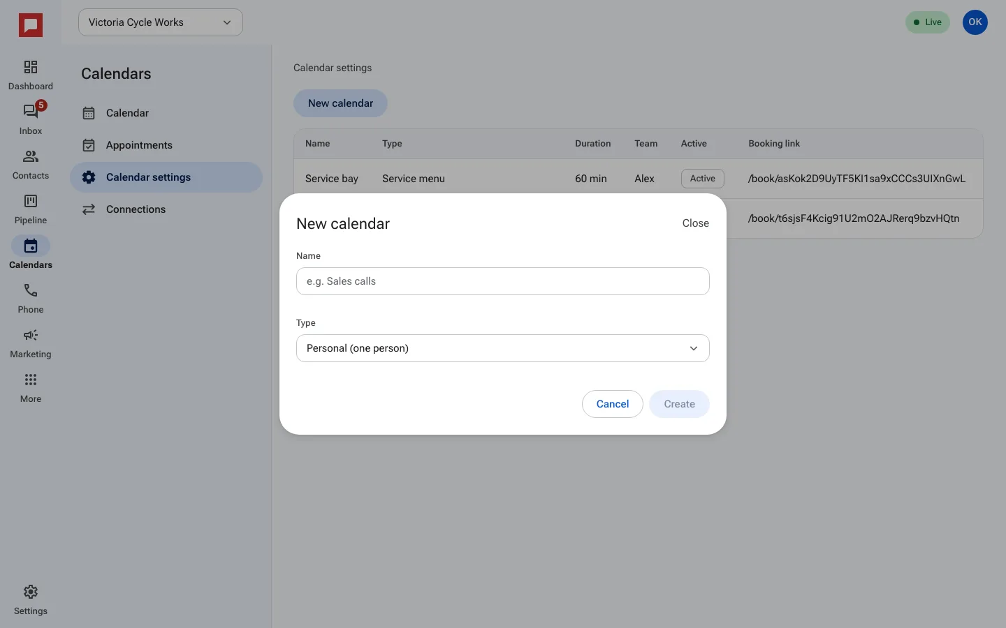 The New calendar form with a name and a type