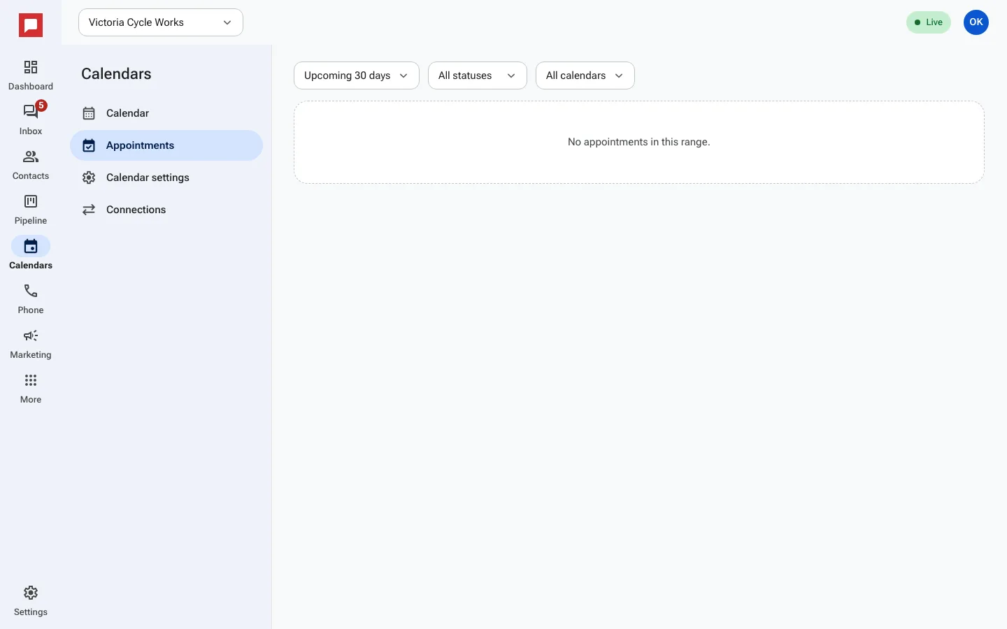 Appointments list with filters and status options