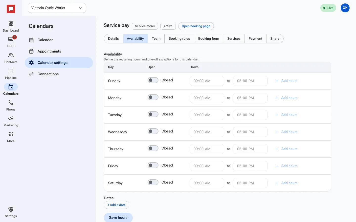 The Availability tab with open hours for each day of the week