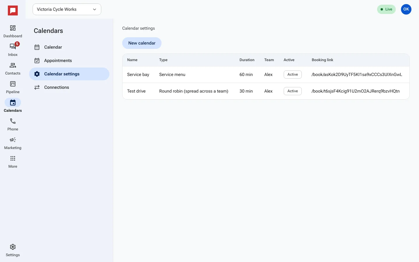 Booking link and embed tag options
