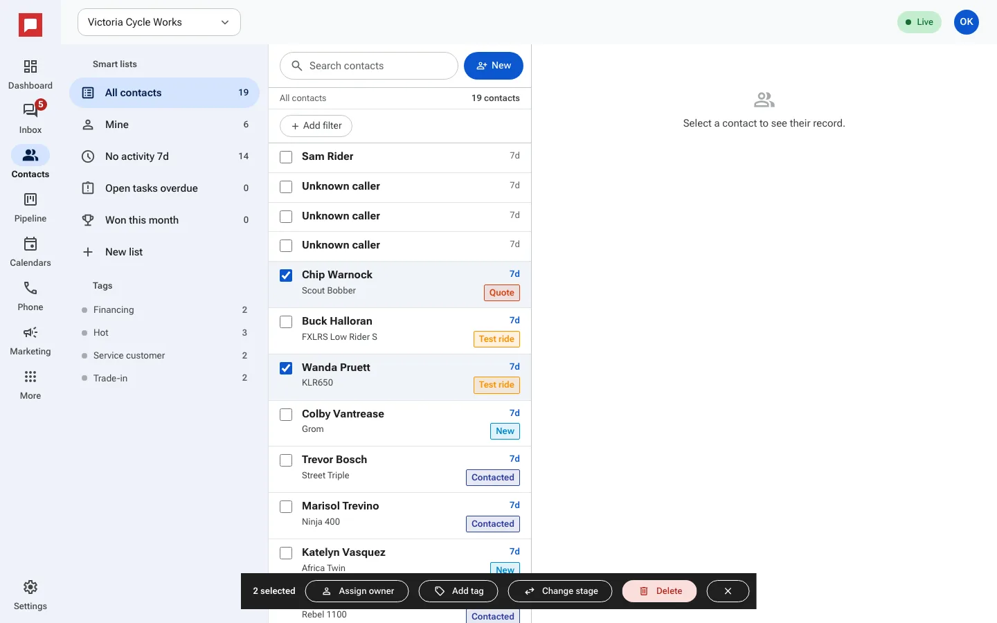 The bulk actions bar with two contacts selected