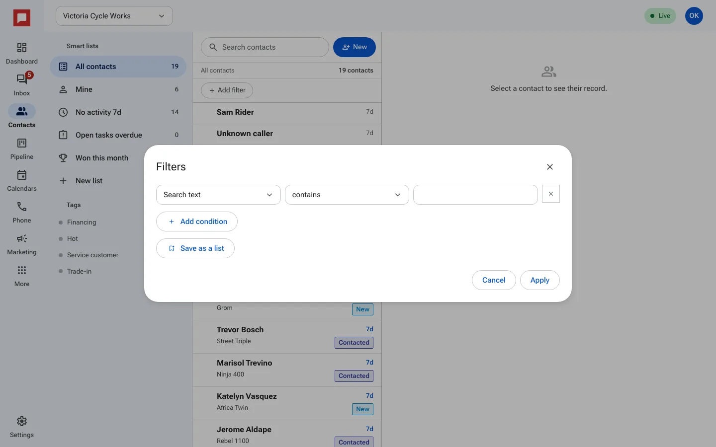 Adding a filter to the contact list
