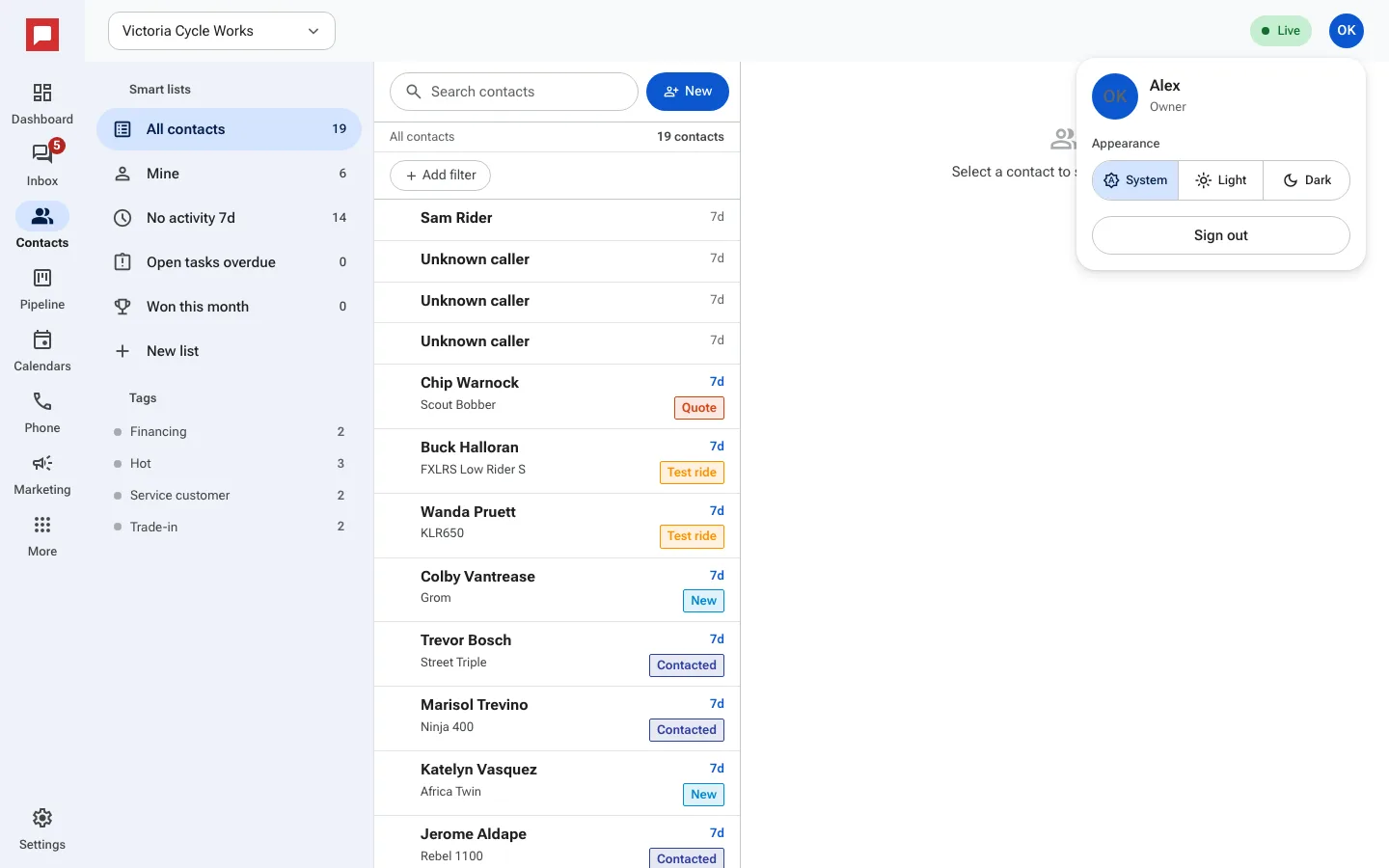 The account menu with the Appearance switch