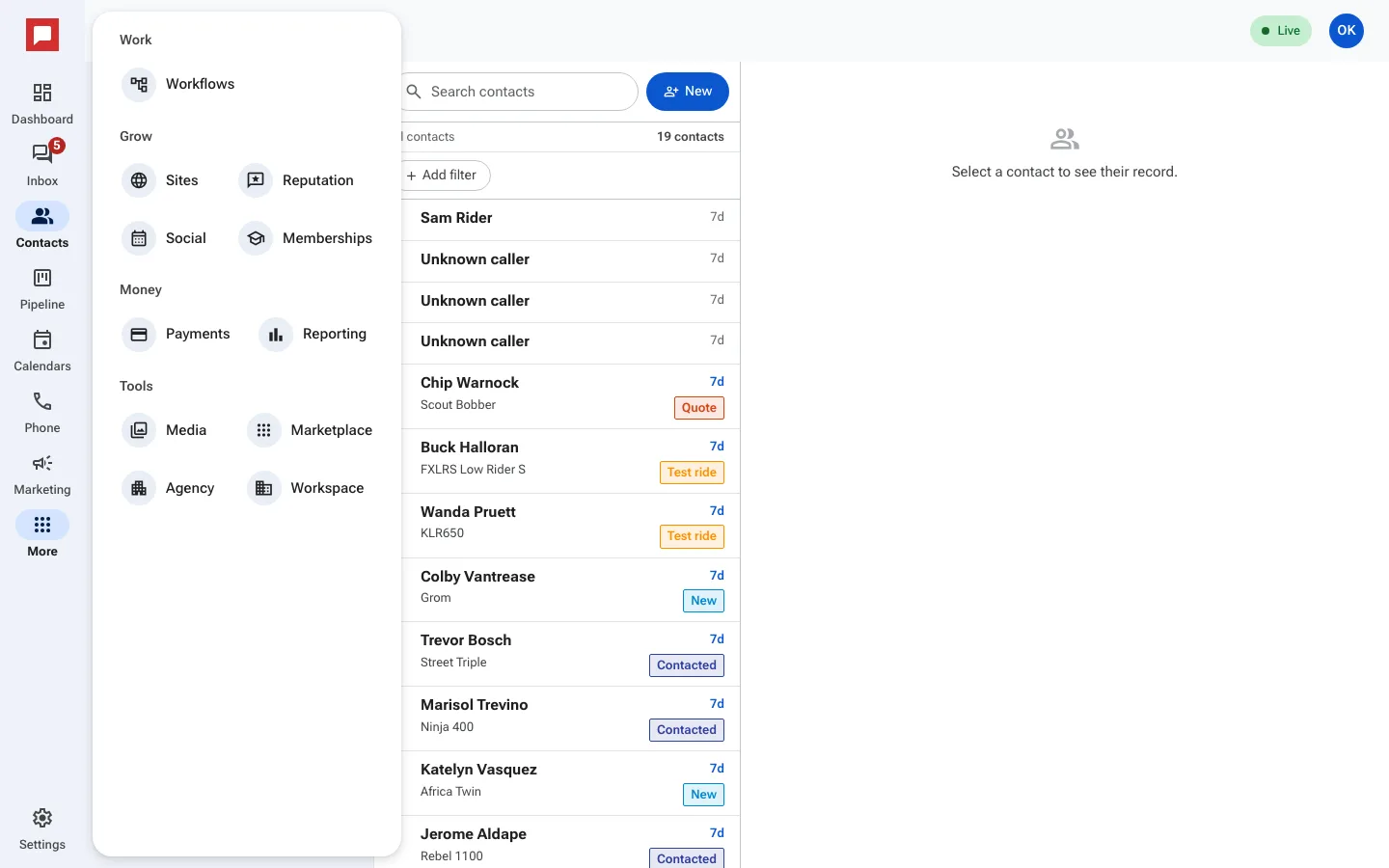 Contacts screen with left icon rail