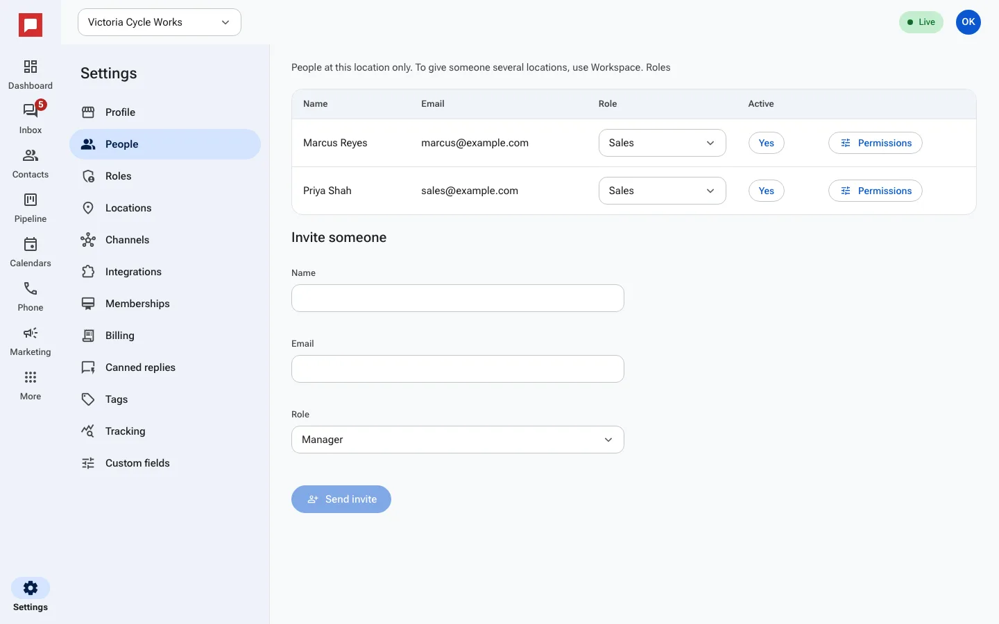 The People page with the team list and the Invite someone form