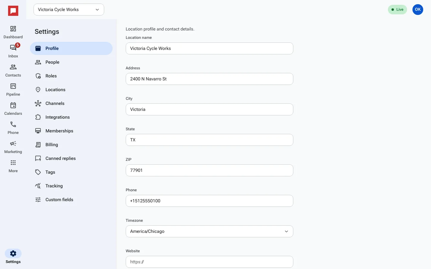 Settings page with business profile fields