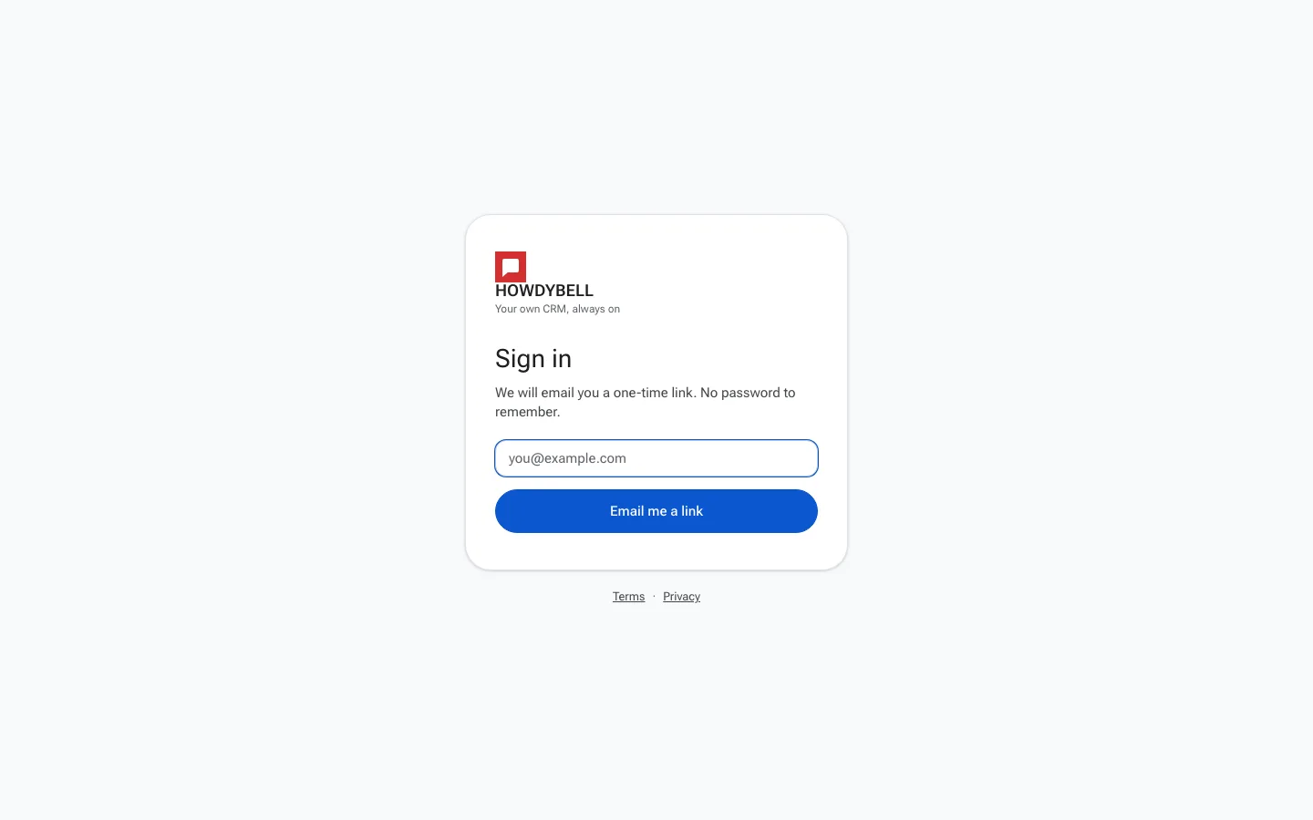 The HowdyBell sign in screen with the email field and the Email me a link button