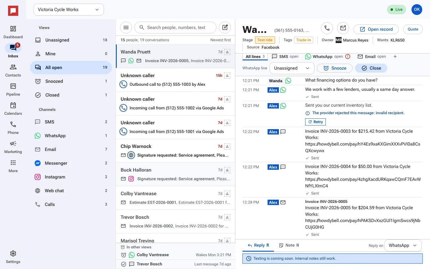The conversation header showing assign and snooze options