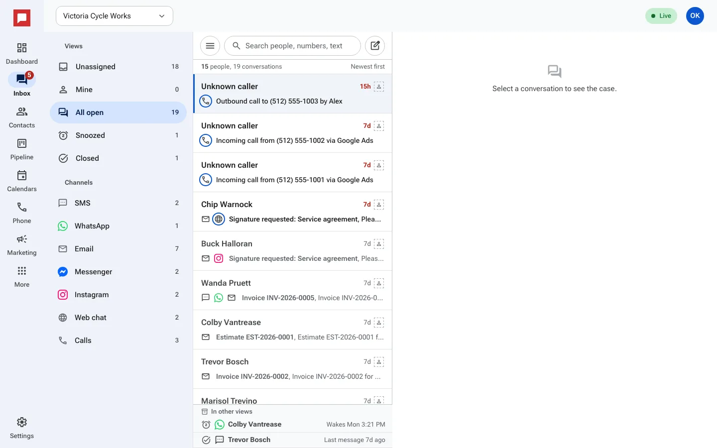 The main inbox screen showing a list of conversations