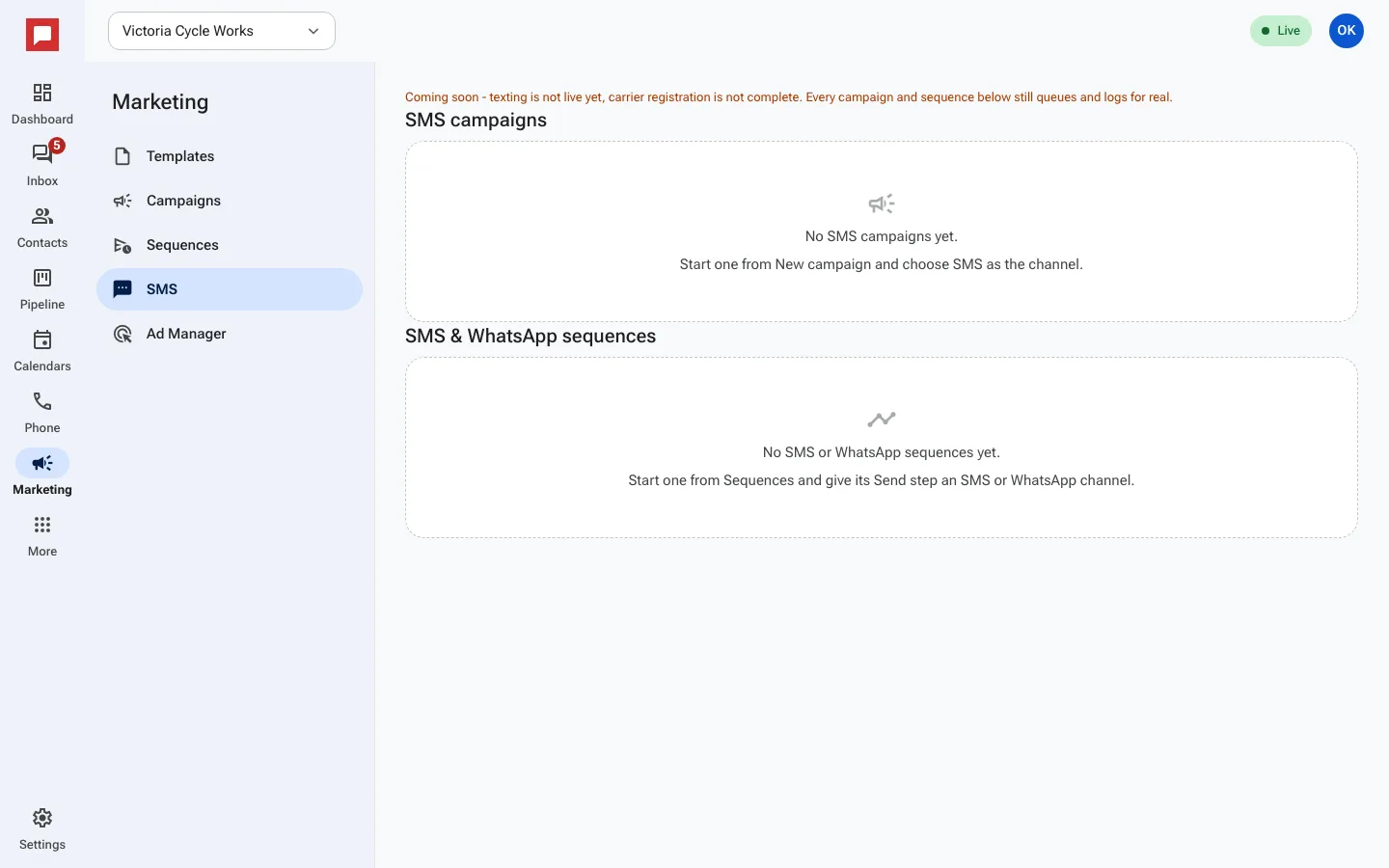 The SMS tab with text campaigns and sequences