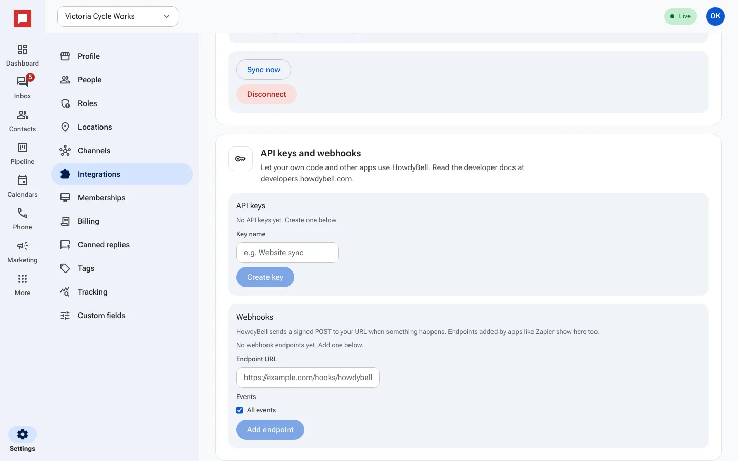 The API keys and webhooks card on the Integrations settings page