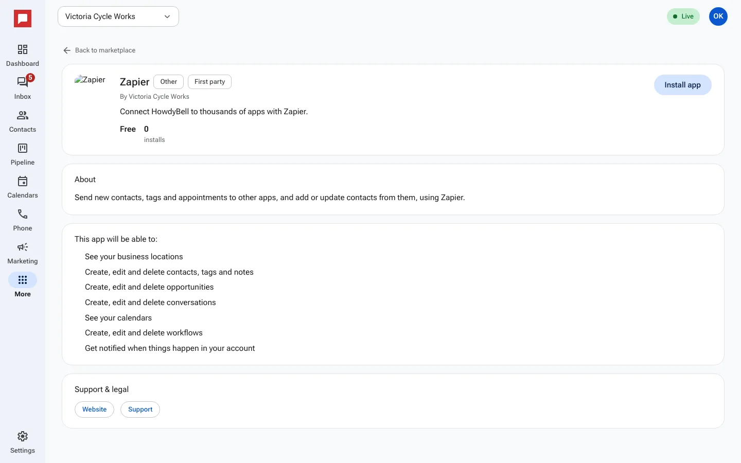 The Zapier app page in the Marketplace