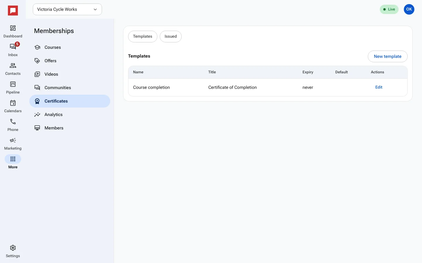 The Certificates tab with a template