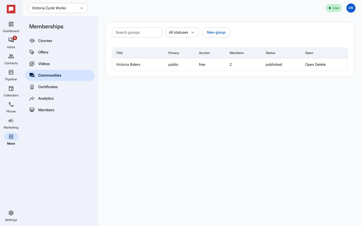 Community management screen with groups and channels
