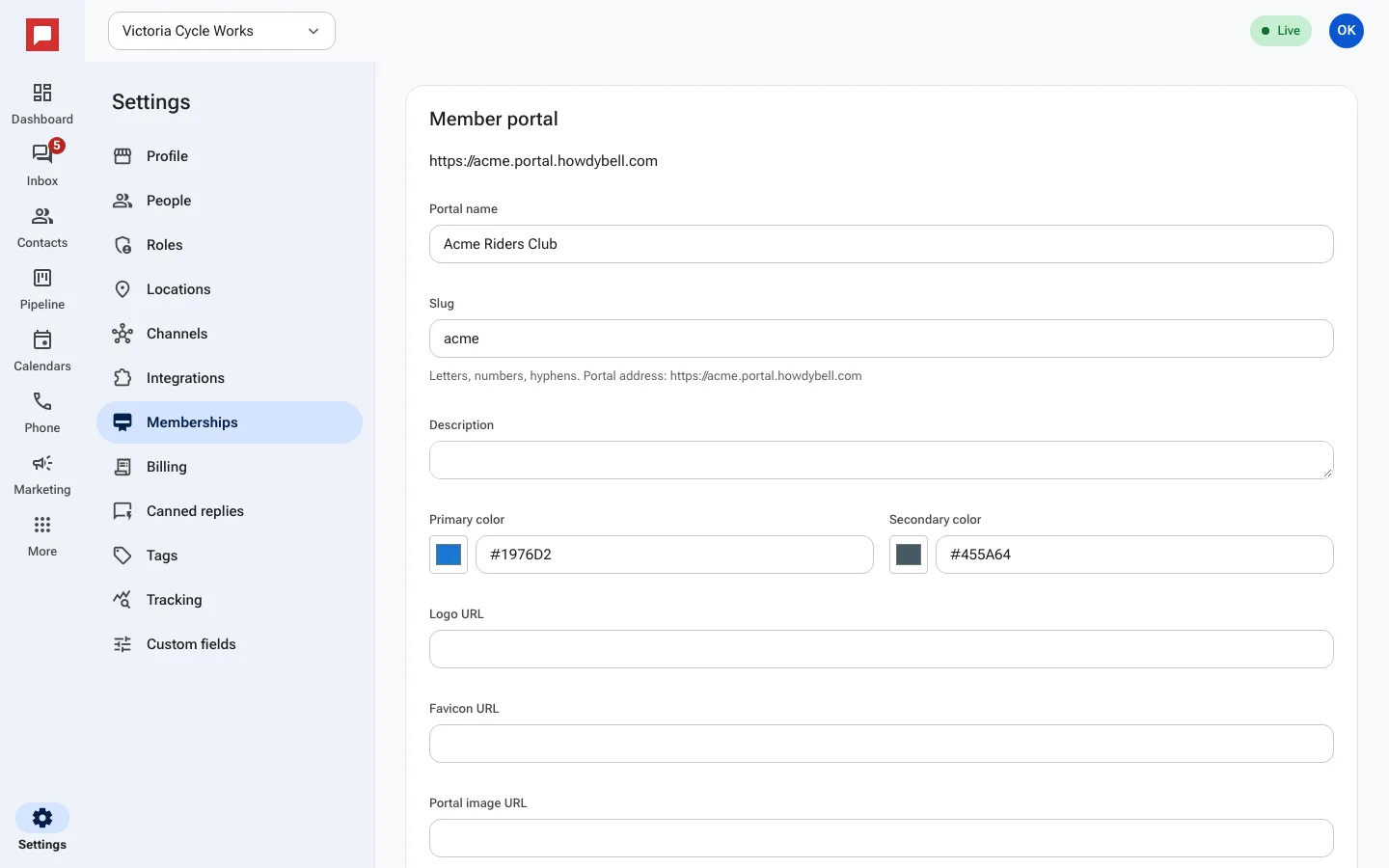Portal settings screen with branding options