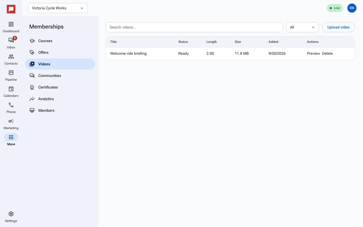 Video library screen with upload and status list