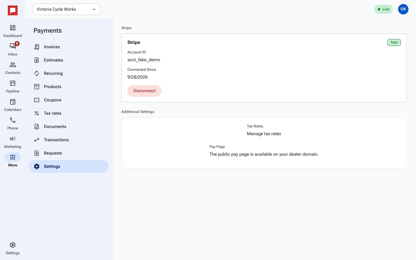Stripe connection settings screen