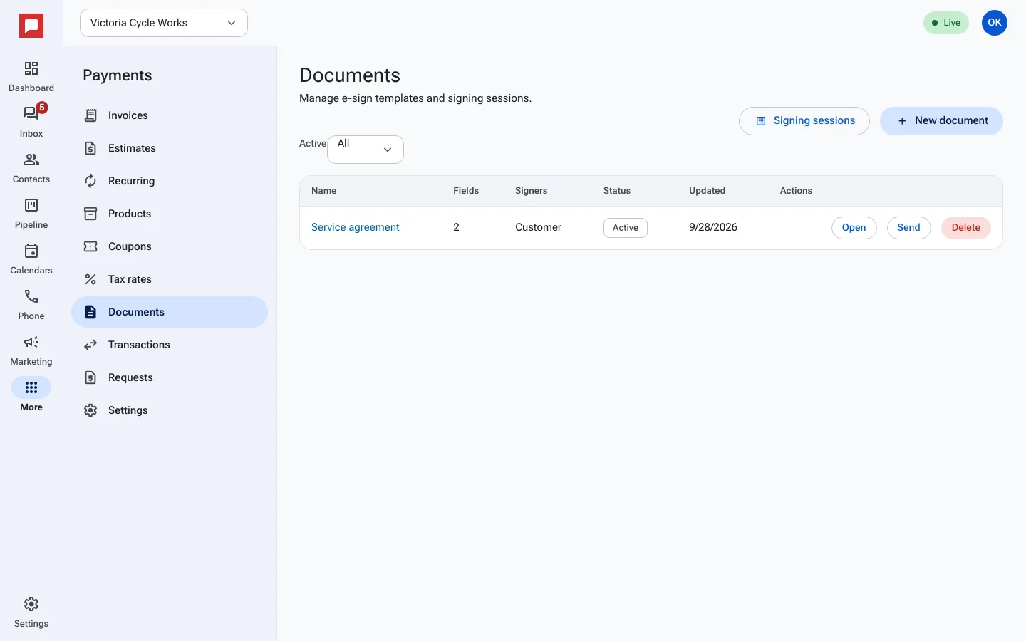 The Documents list with templates ready to send