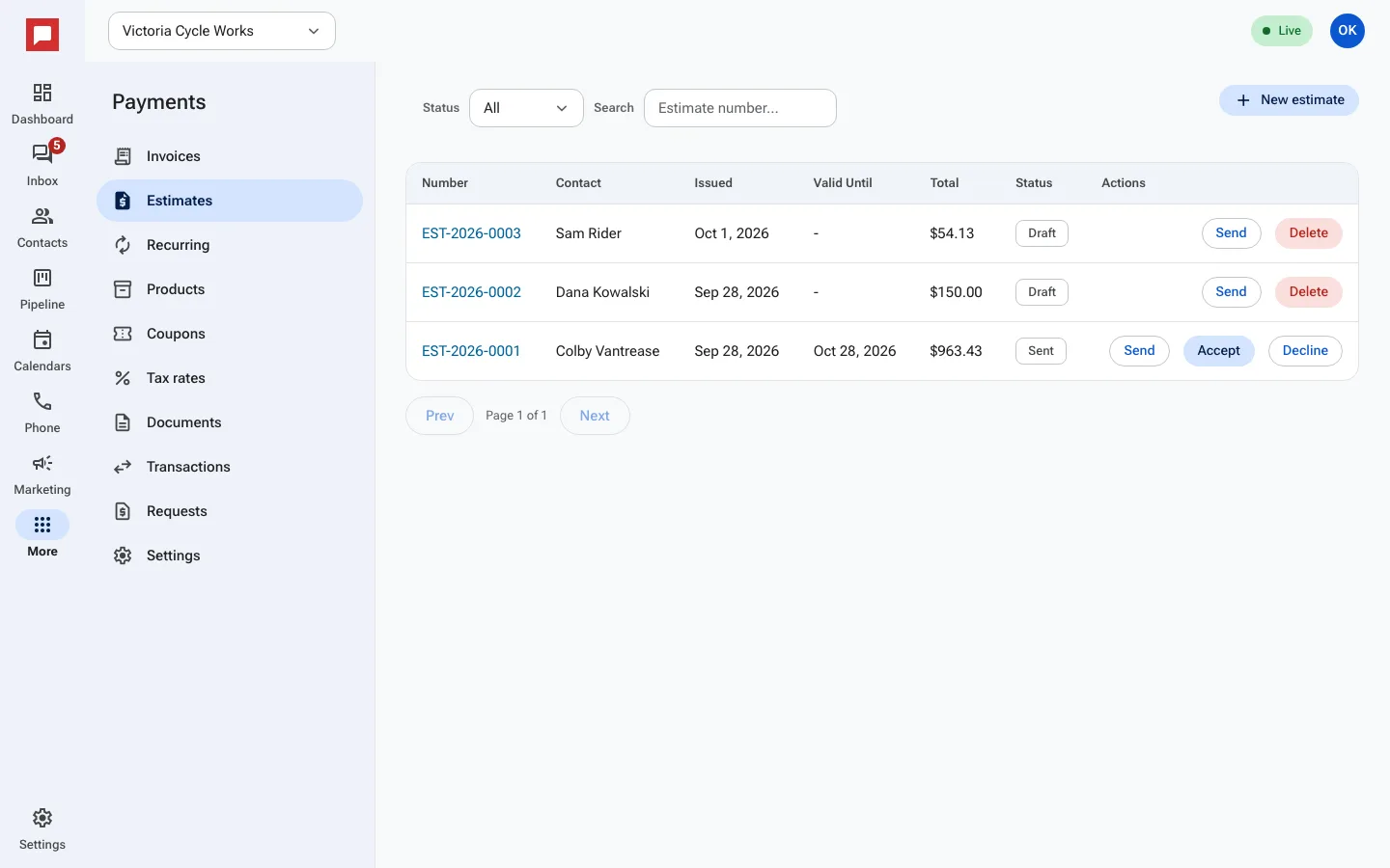 Estimate list screen