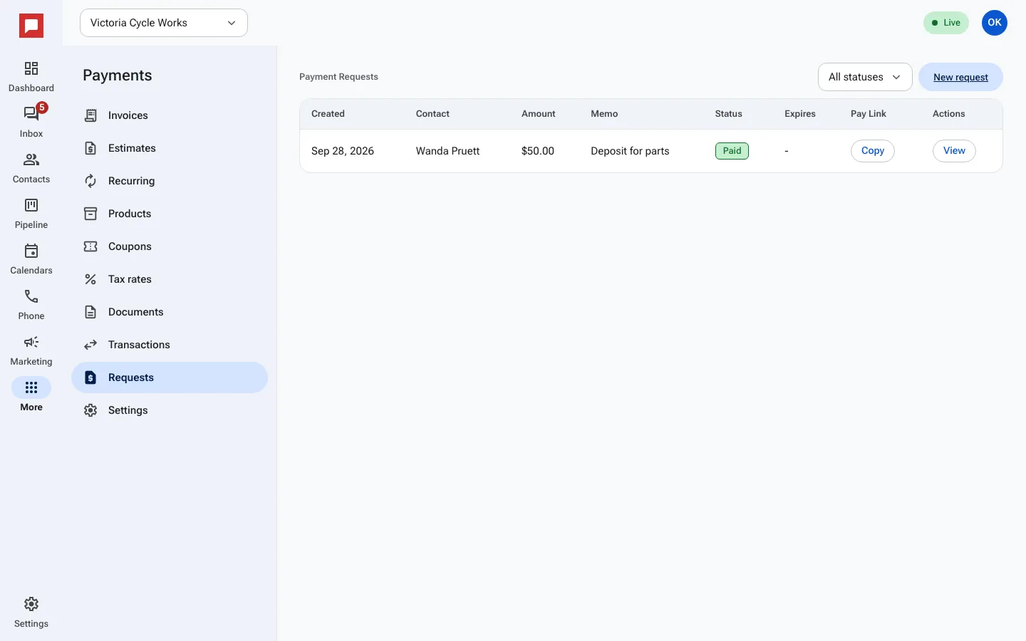 The payment requests list