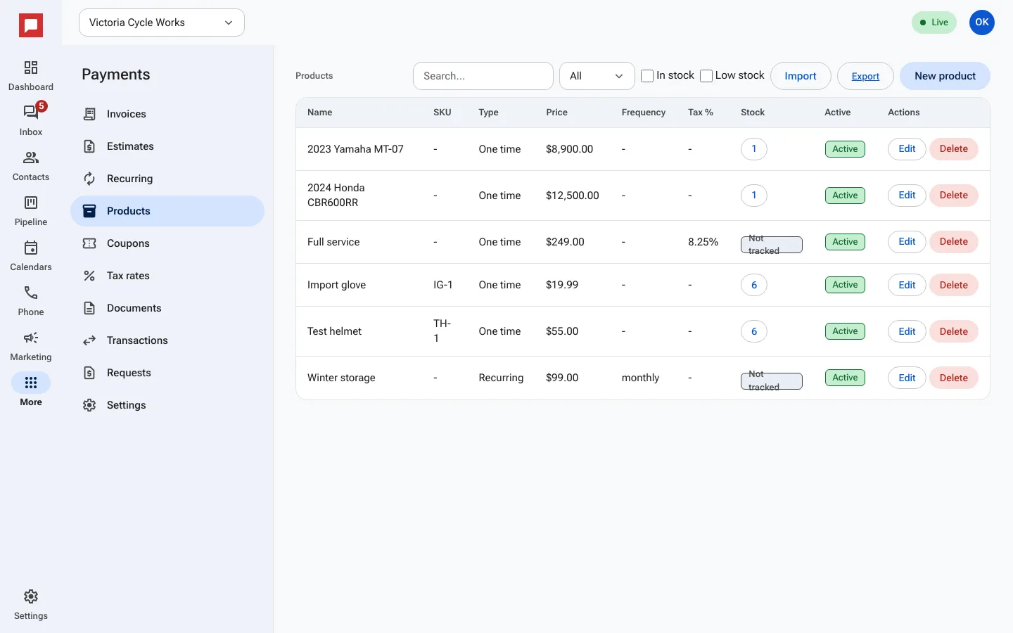 Products and pricing settings screen