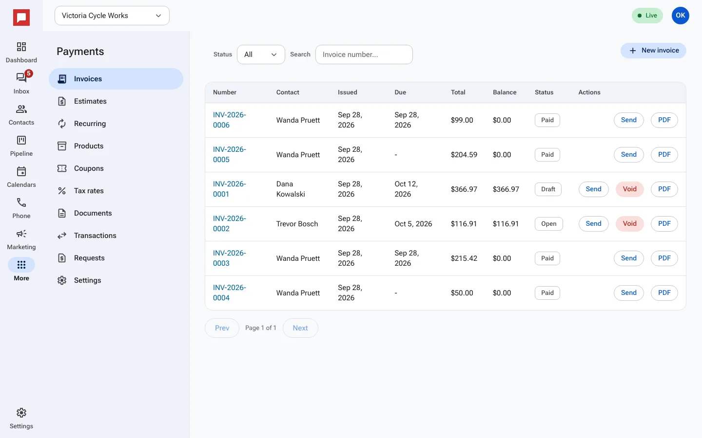 The Invoices list with amounts, balances and statuses