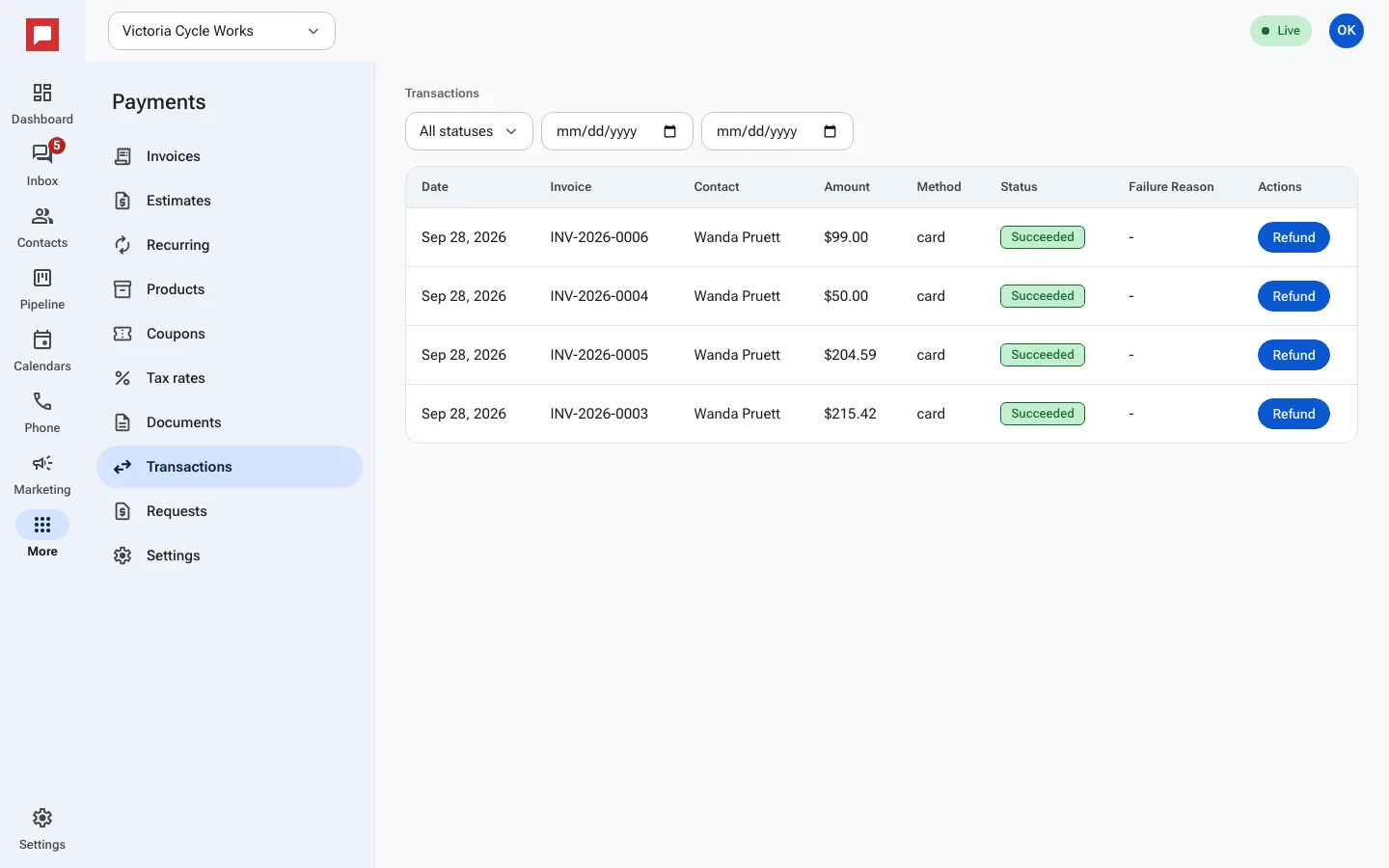 Transaction history screen