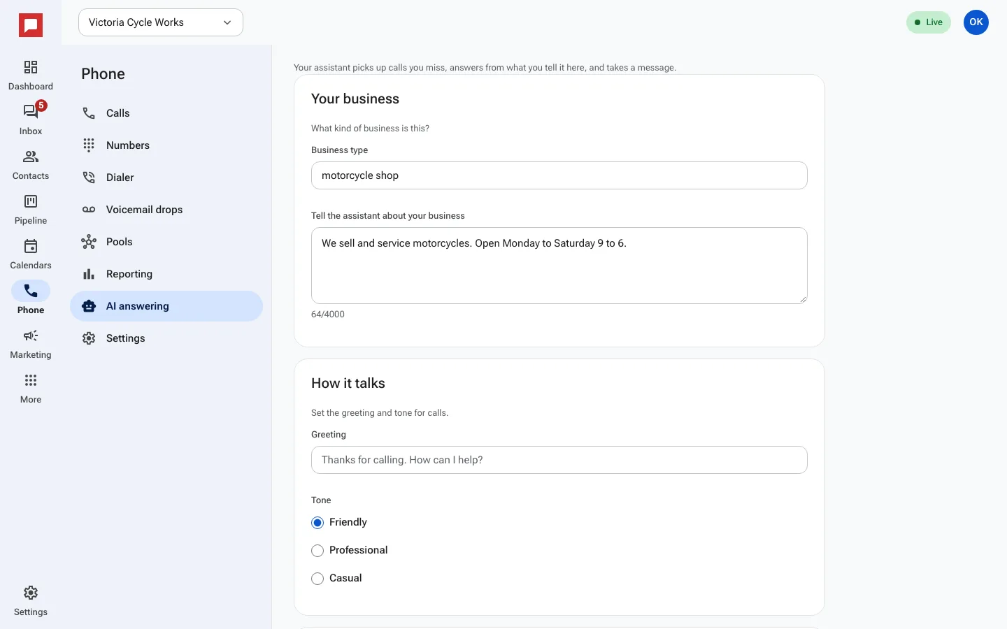 AI answering settings