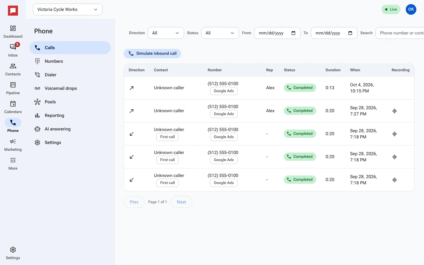The Calls tab with recent calls and recordings