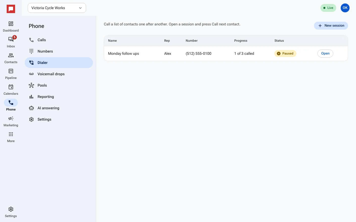 The Dialer tab with a saved session