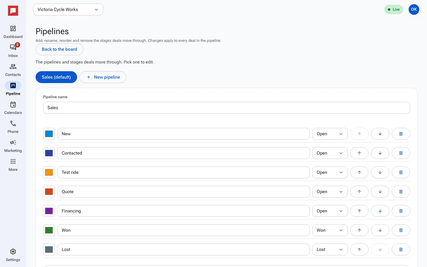 The Pipelines page with each stage's color, name, kind and order buttons