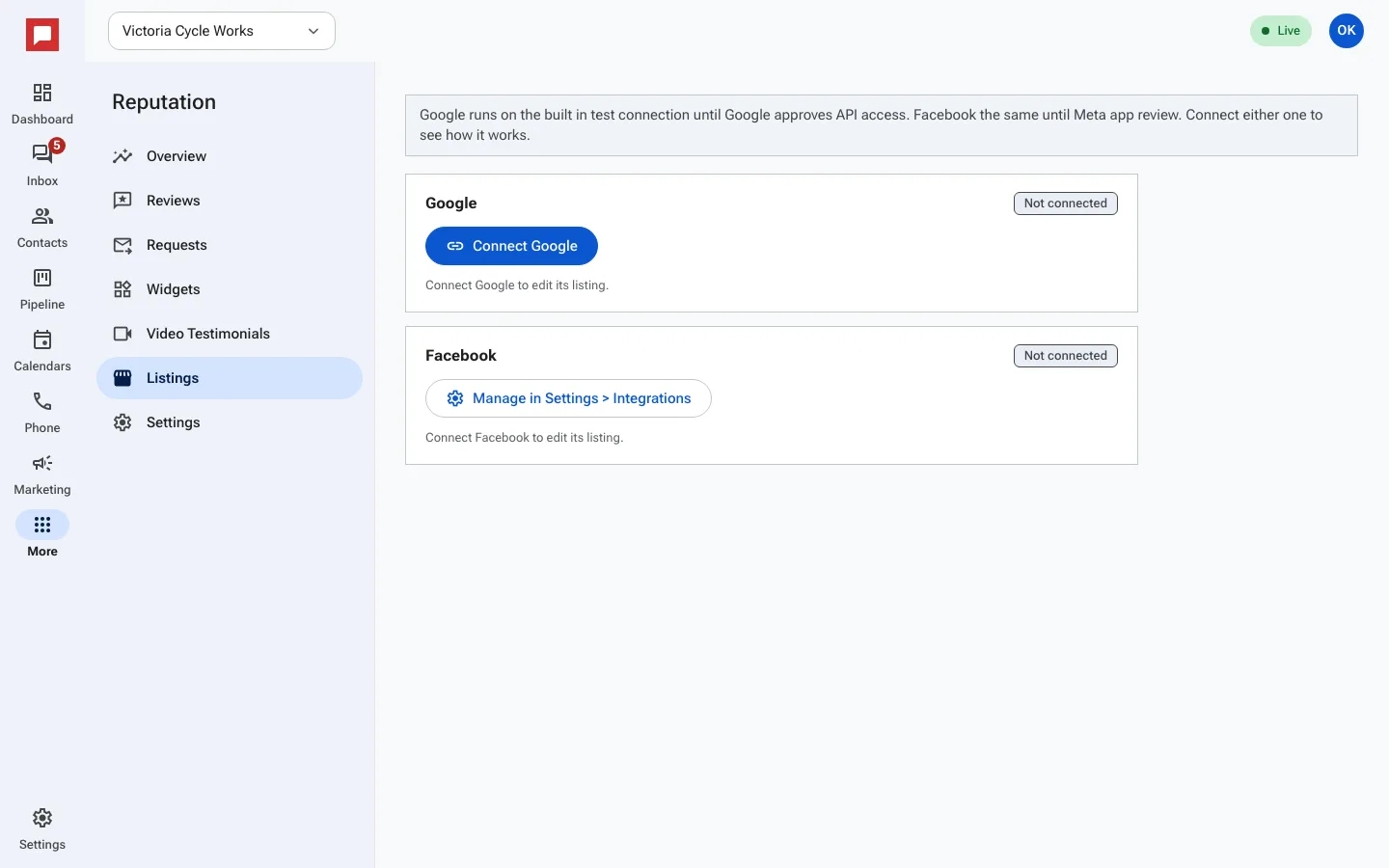 The Listings tab with the Google and Facebook connection cards
