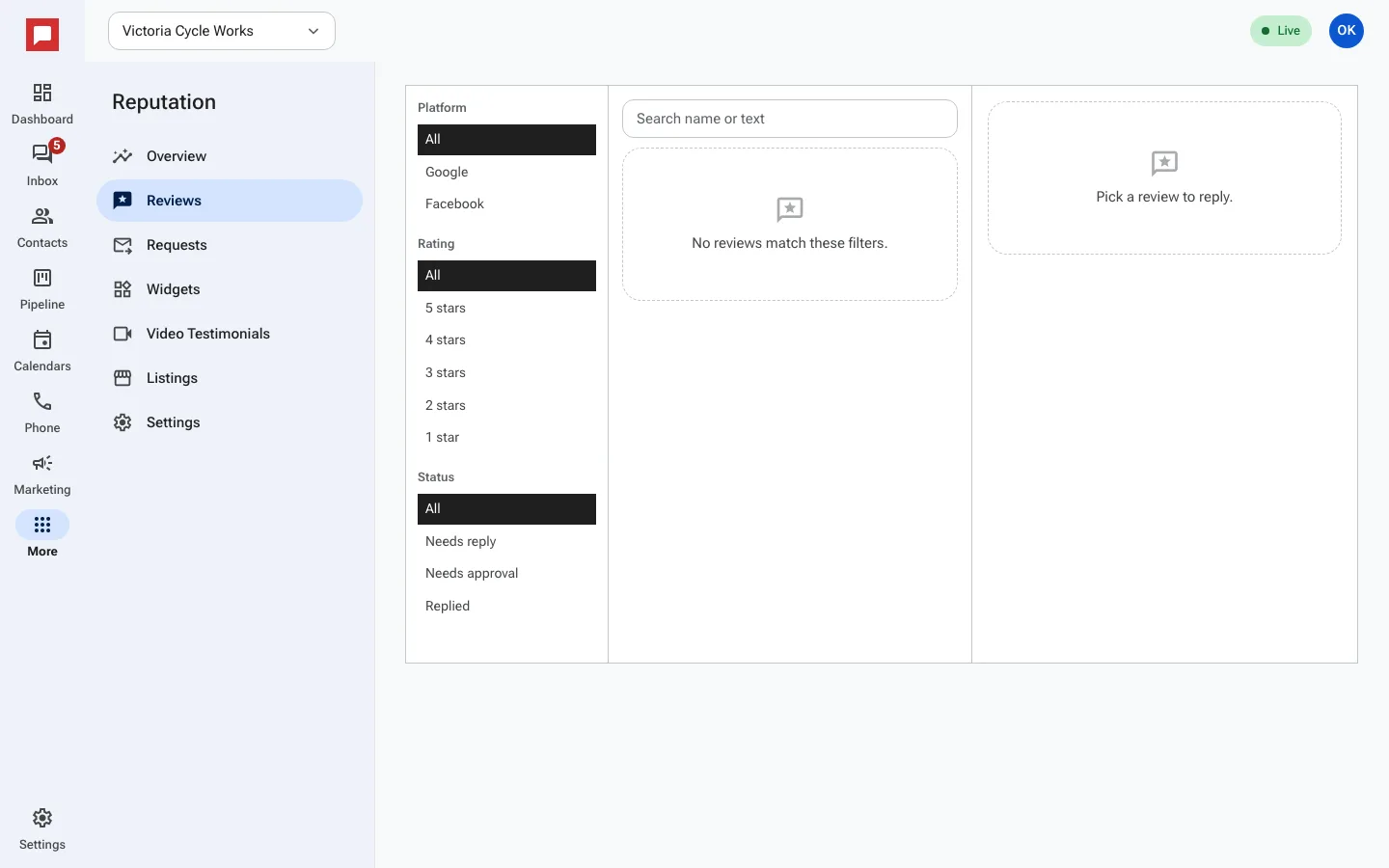 The Reviews tab with filters by platform, rating and status