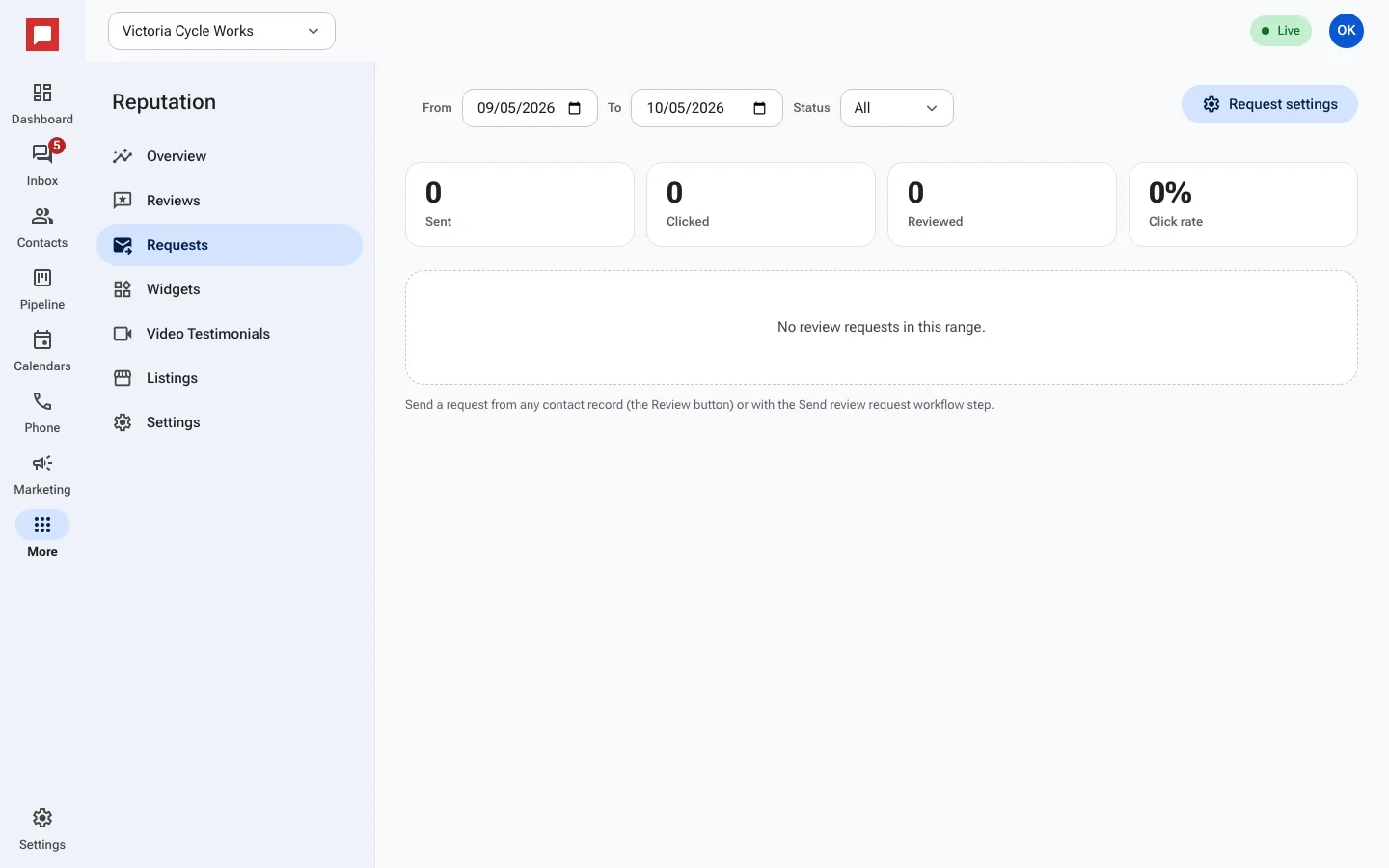 Review request dashboard showing sent and clicked stats