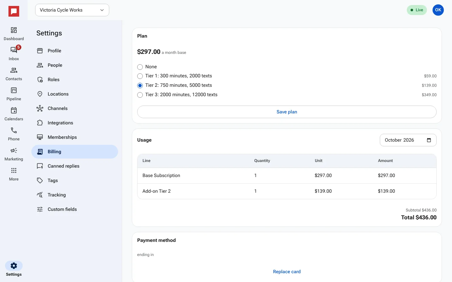 Billing and plan screen