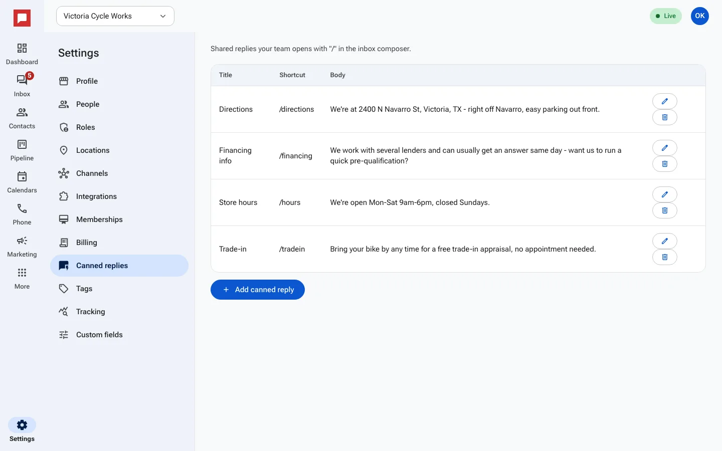 Canned replies screen