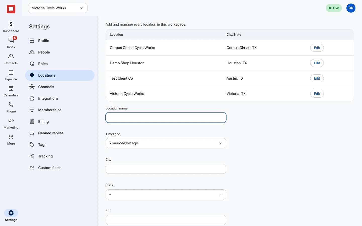 Locations management screen