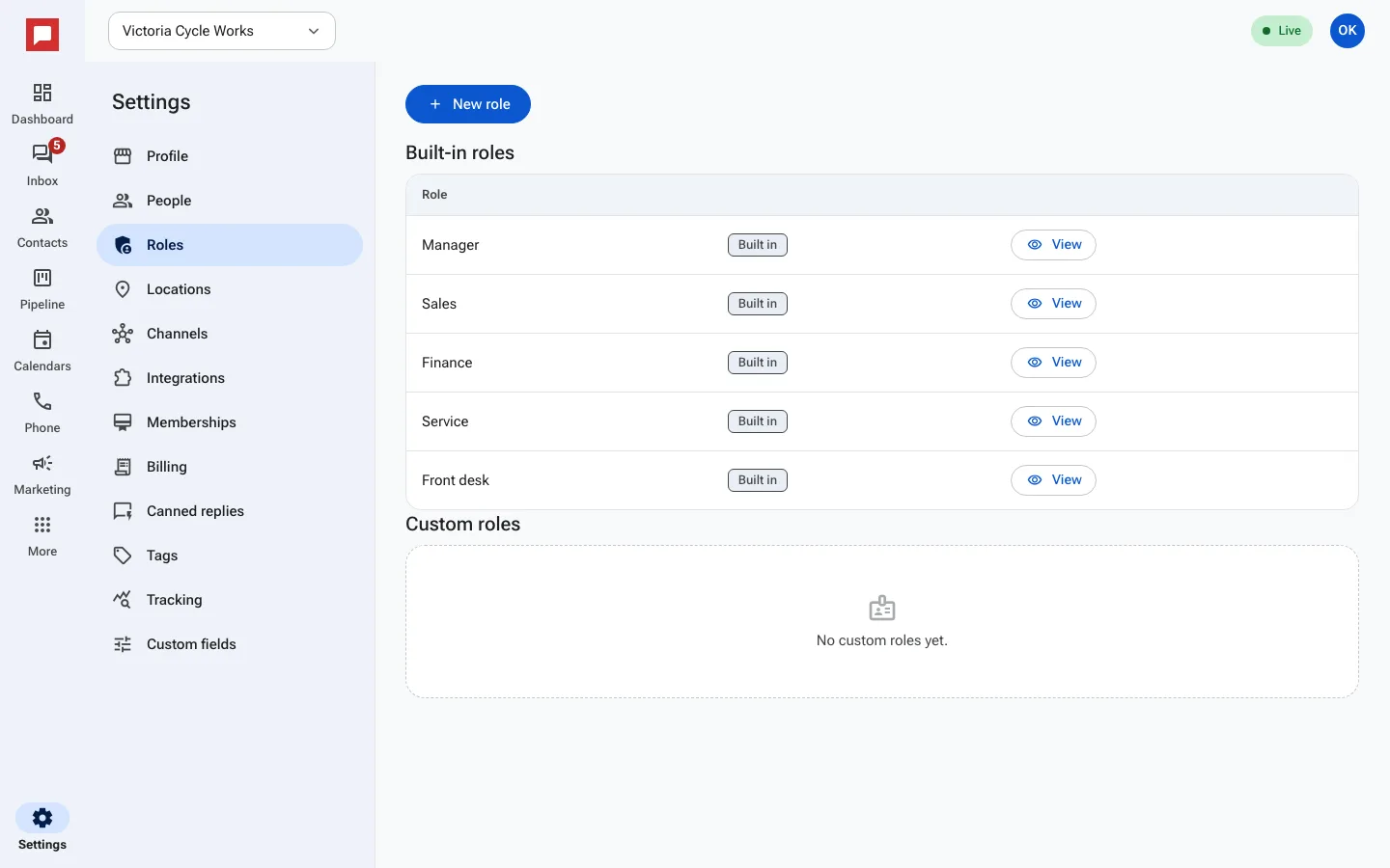 Roles and permissions screen