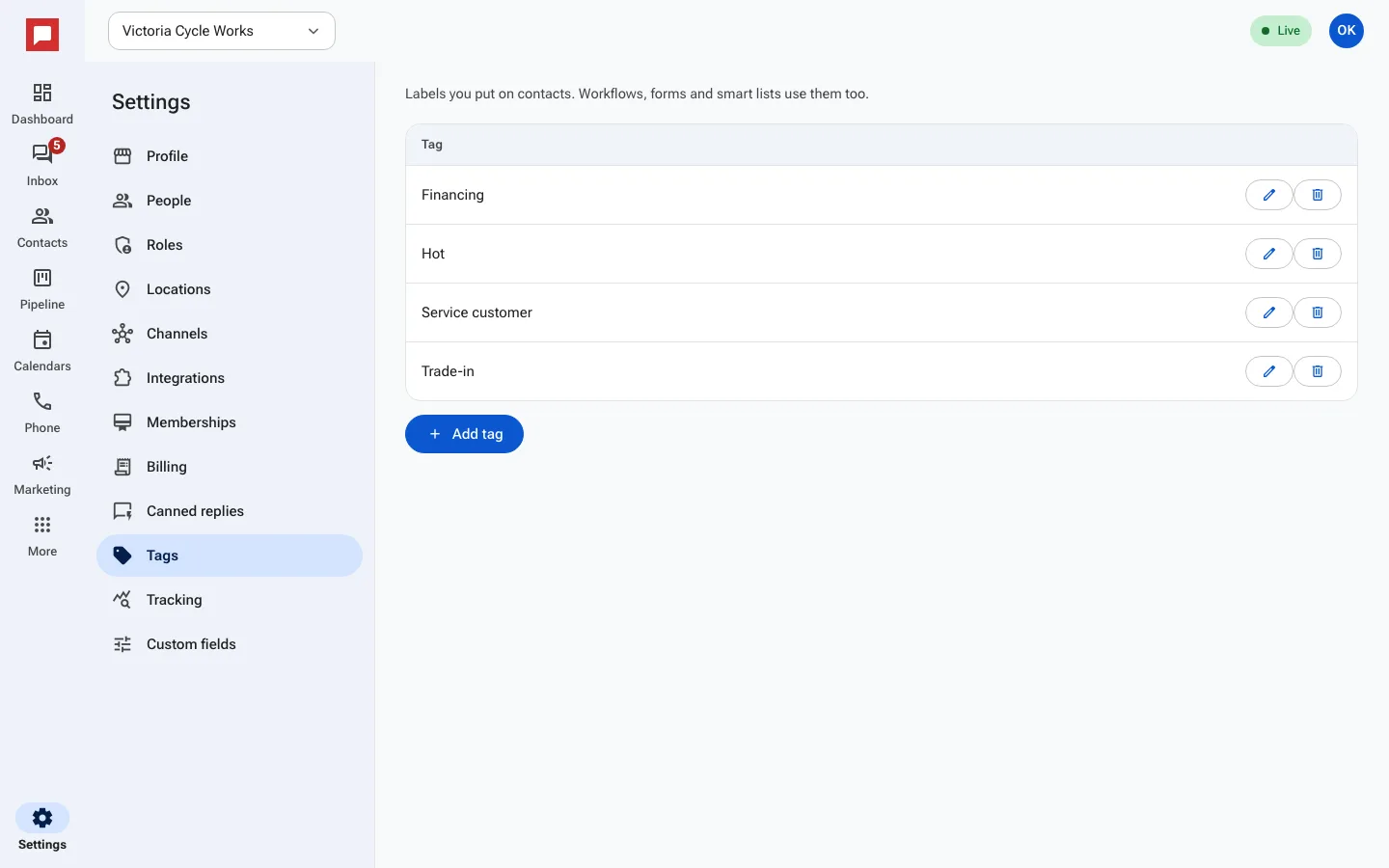 Tags management screen