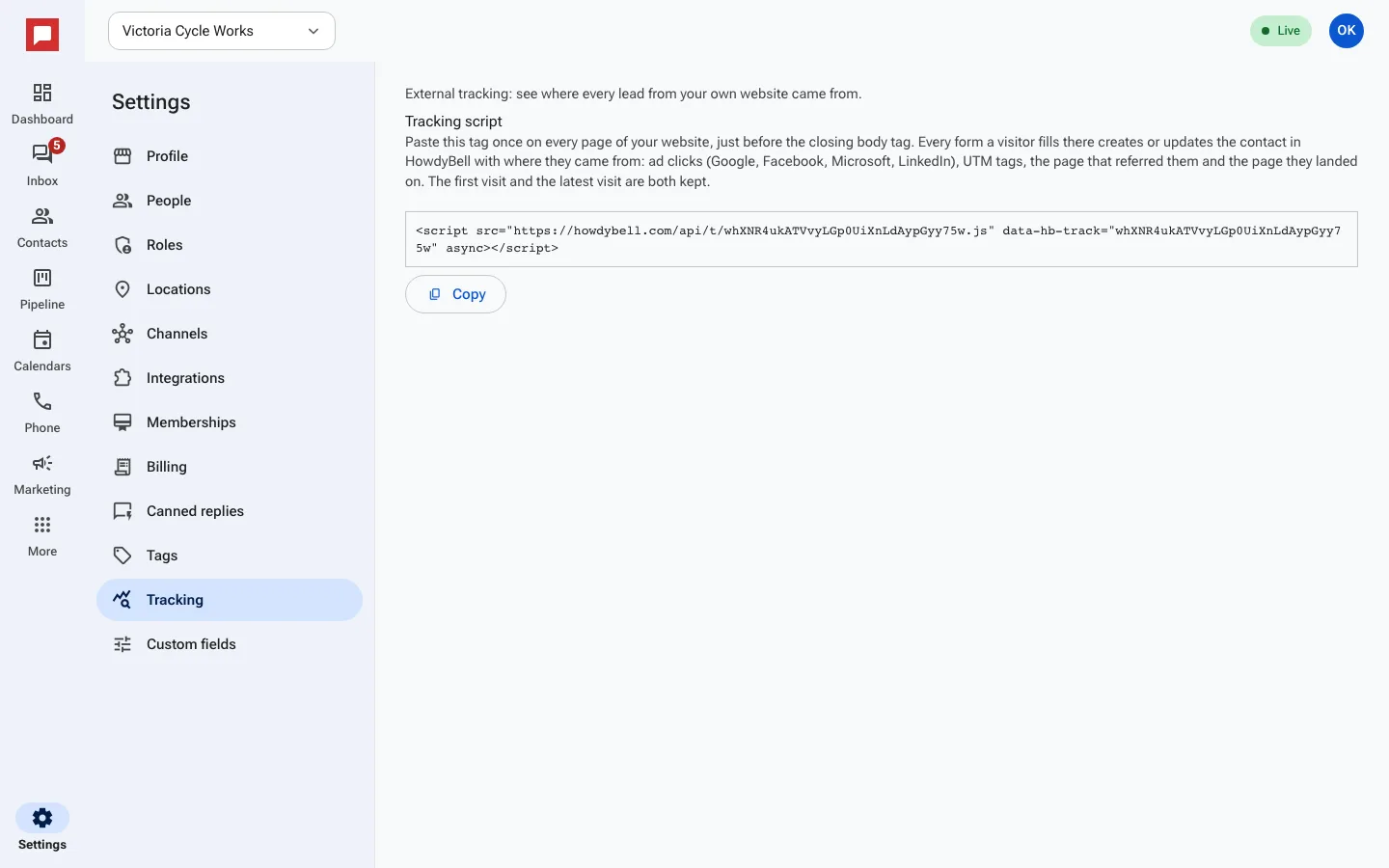 Website tracking screen