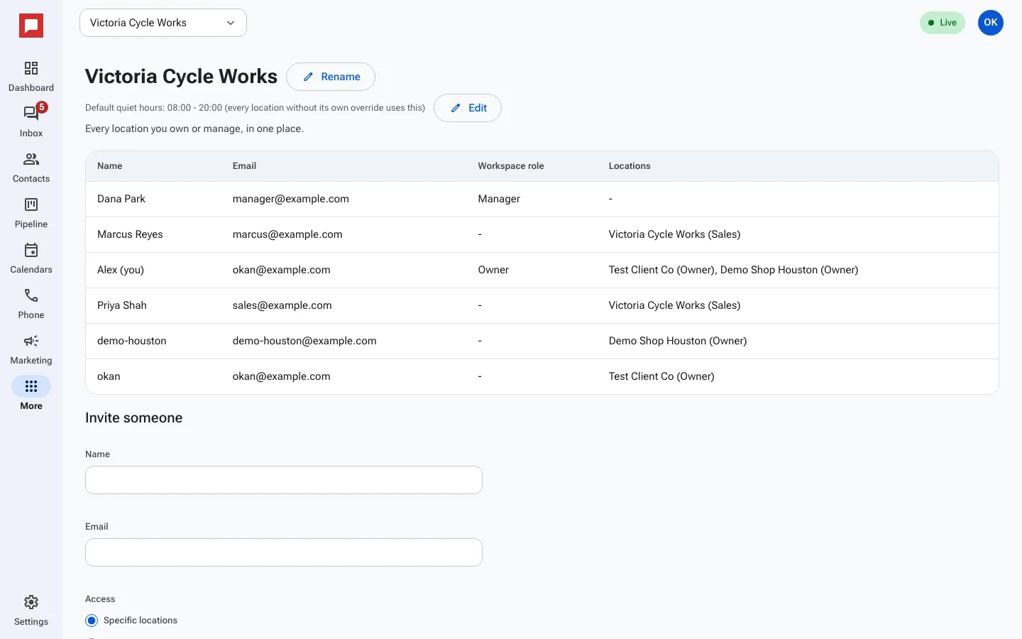 Workspace settings screen
