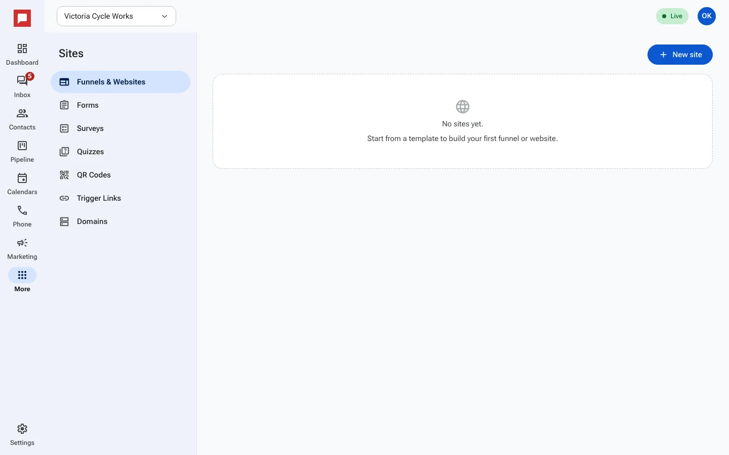 The Funnels and Websites list; open a site to see its analytics