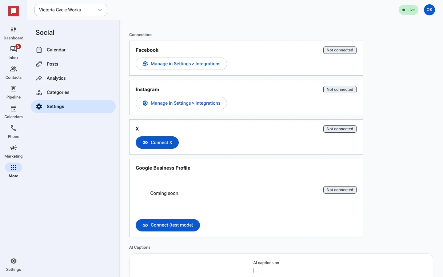 Social settings screen showing connection options