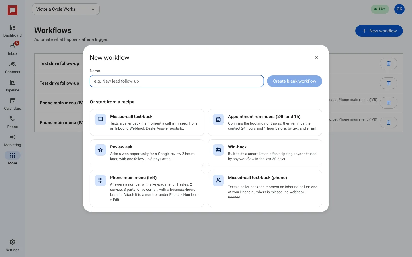 The New workflow window with recipe shortcuts