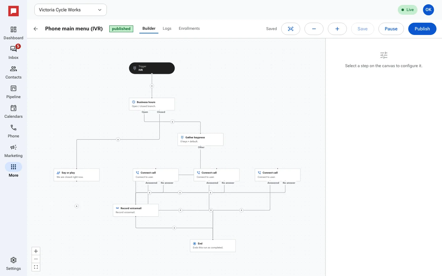 A workflow with send steps on the builder canvas